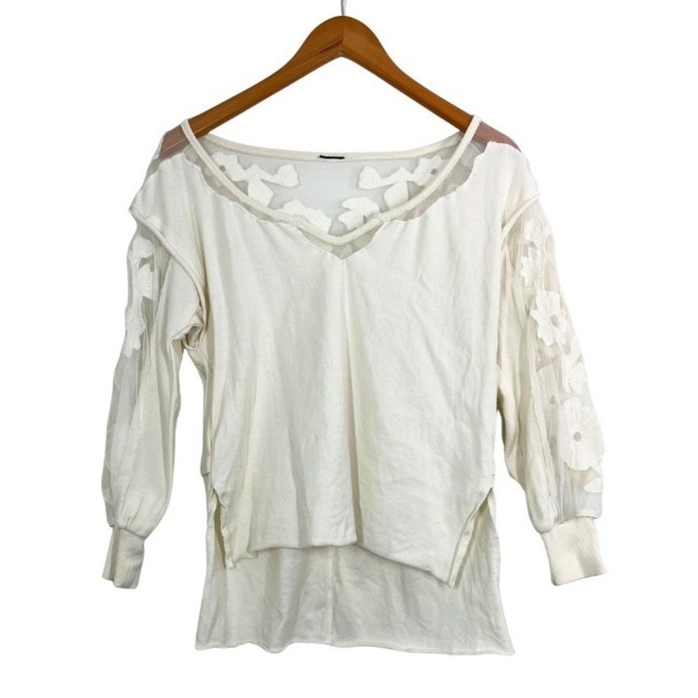 Free People Ivory Floral Mesh‎ Sleeve Top Boho Layered Tunic Cotton Blouse XS